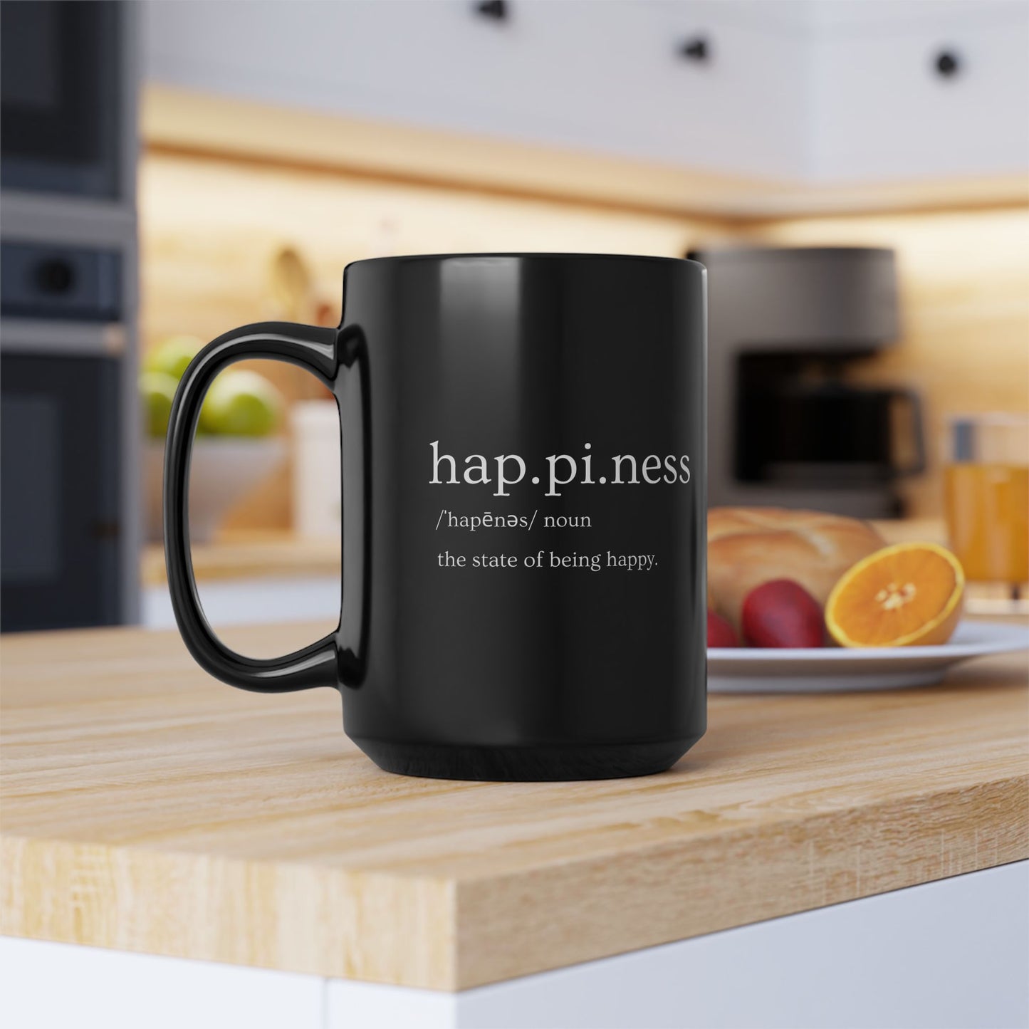 zz "Happiness" Black Mug, 15oz